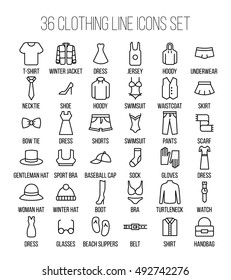 Set of clothing icons in modern thin line style. High quality black outline shirt and dress symbols for web site design and mobile apps. Simple linear accessories pictograms on a white background.