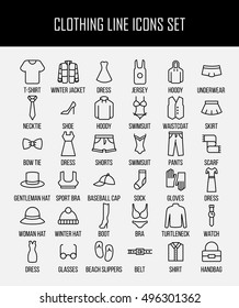 Set of clothing icons in modern thin line style. High quality black outline shirt and dress symbols for web site design and mobile apps. Simple linear accessories pictograms on a white background.