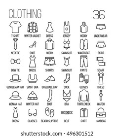 Set of clothing icons in modern thin line style. High quality black outline shirt and dress symbols for web site design and mobile apps. Simple linear accessories pictograms on a white background.