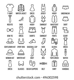 Set of clothing icons in modern thin line style. High quality black outline shirt and dress symbols for web site design and mobile apps. Simple linear accessories pictograms on a white background.