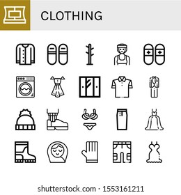 Set of clothing icons. Such as Collar, Cardigan, Sneakers, Coat rack, Boxer, Slippers, Washing machine, Dress, Wardrobe, Polo shirt, Tuxedo, Hat, Leather shoe , clothing icons