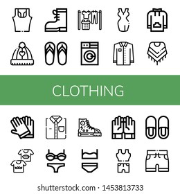 Set of clothing icons such as Sleeveless shirt, Hat, Boots, Flip flops, Laundry, Washing machine, Dress, Shirt, Sweatshirt, Shawl, Gloves, Shirts, Bikini, Sneakers , clothing