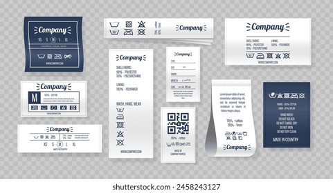 Set Of Clothing Labels, Each Presenting Essential Information Such As Fabric Composition, Care Instructions, Brand Logo