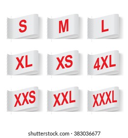 Set of Clothing Size Labels, Red Text on White