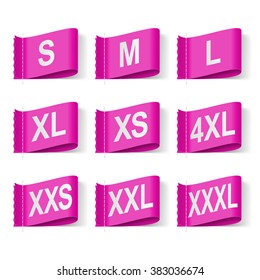 Conjunto de etiquetas de tamanho de roupa, texto branco em magenta