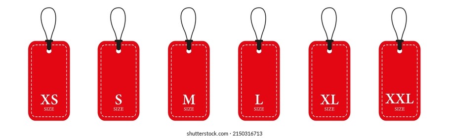 Set of clothing size labels: XS, S, M, L, XL, XXL. Size label tag in red.Vector illustration.