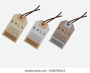 Set of clothing tags with size labels (S, M, L, XL) featuring minimalist designs  and brown string attachments. Ideal for retail  fashion hangtag design