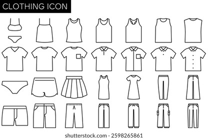 Set of clothing: tank top, shirt, skirt, dress, pants and pants, simple line drawing icons in black and white, Vector Illustration
