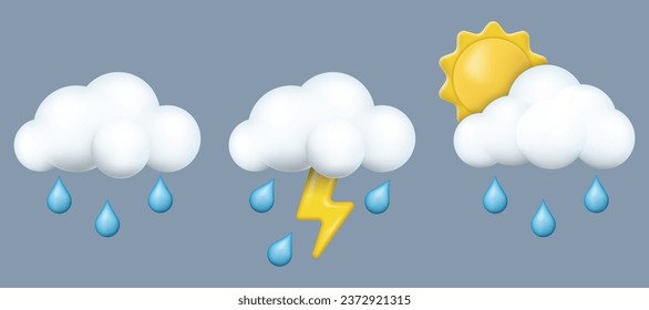 Set of cloud 3d with raindrops, lightning and sun. Vector illustration. Eps 10.