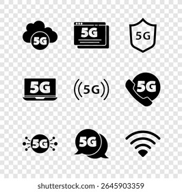 Defina a rede 5G da nuvem, escudo protetor, Wi-Fi sem fio, Laptop com e ícone. Vetor