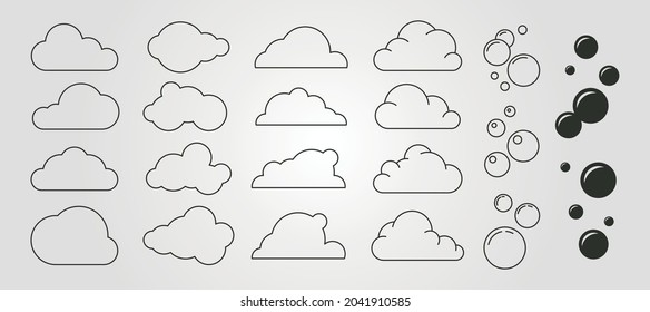 set of cloud and bubble icon logo vector symbol minimal design, line art bubble cloud logo design