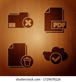 Set Cloud with check mark, Delete folder, Delete file document and PDF file document on wooden background. Vector
