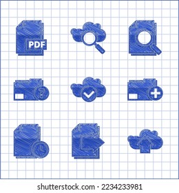Set Cloud with check mark, Next page arrow, upload, Add new folder, Document clock, Unknown document, search and PDF file icon. Vector