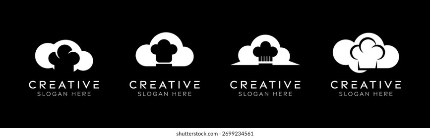 Conjunto de modelos de design de logotipo de chefe de nuvem. Chapéu de chef isolado moderno com design de nuvem para receitas digitais, catering e software.