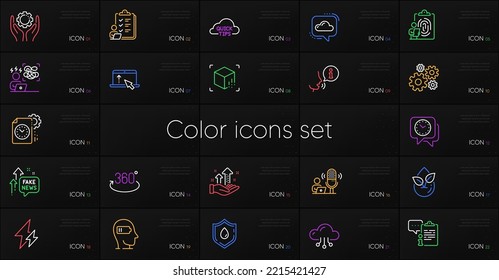 Conjunto de iconos de línea de límite de comunicación en la nube, mano de empleado y proyecto. Incluye consejos rápidos, lista de verificación, iconos de donación de sangre. Portapapeles, huella dactilar, elementos web de estrés difícil. Vector
