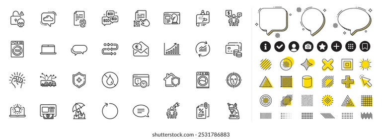 Set of Cloud communication, Methodology and Laptop line icons for web app. Design elements, Social media icons. Dryer machine, Tax documents, Cyber attack icons. Vector