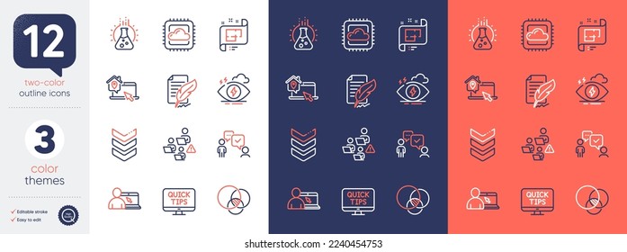 Conjunto de cloud computing, plan arquitectónico e iconos de la línea de educación en línea. Incluya correa de hombro, tutoriales Web, iconos de la firma Feather. Trabajo en equipo, laboratorio de química, elementos web de diagrama de euler. Vector