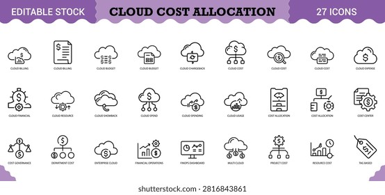 Set of cloud computing cost icons covering billing budget chargeback spending analytics and financial operations.