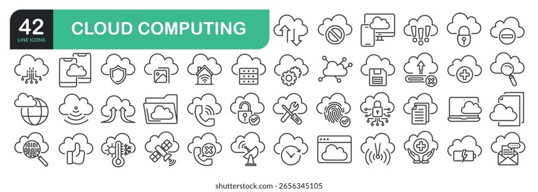 Set Of Cloud Computing Line Icons. The set includes a Data Analyzing, Data Center, Internet Technology, Cloud Storage, Database Platform, Computer Digital System, and more.