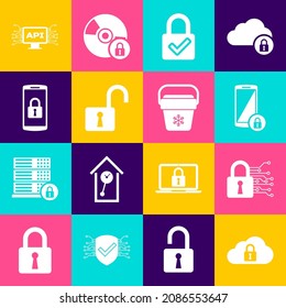 Set Cloud computing lock, Cyber security, Smartphone with, Lock and check mark, Open padlock and  icon. Vector