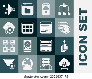 Set Cloud computing lock, Data export, Network cloud connection, technology data transfer, Browser files, Filter setting and Software icon. Vector