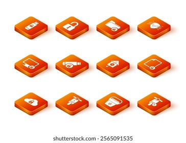 Set Cloud computing lock, Electric scooter, Lock on monitor, USB flash drive with, Cooler bag and Retro wall watch icon. Vector