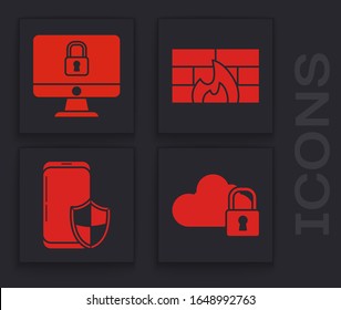 Set Cloud computing lock , Lock on computer monitor screen, Firewall, security wall  and Smartphone with security shield  icon. Vector