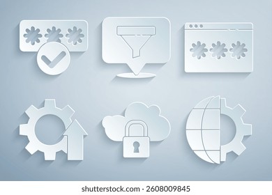 Set Cloud computing lock, Password protection, Arrow growth gear, Globe of the Earth and, Location with sales funnel and  icon. Vector