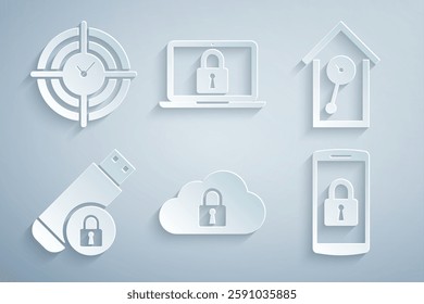 Set Cloud computing lock, Retro wall watch, USB flash drive with, Smartphone, Laptop and and Time Management icon. Vector