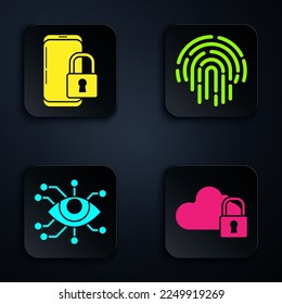 Set Cloud computing lock , Smartphone with closed padlock , Eye scan  and Fingerprint . Black square button. Vector
