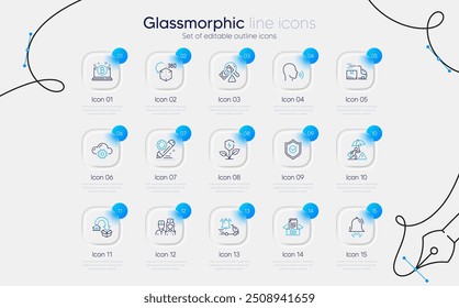 Conjunto de computação em nuvem, serviço de movimentação e ícones de linha de edição do projeto para aplicativo Web. Toque de relógio, fraude, ícones de notificação de entrega. Caminhão de entrega, poder econômico, sinais de médico. Blindagem aprovada. Vetor