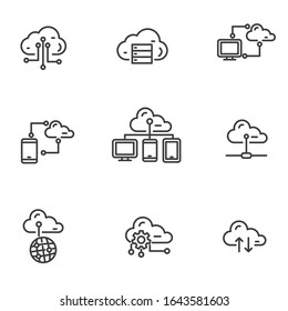 Set of cloud computing related icons in black line design isolated on white background 