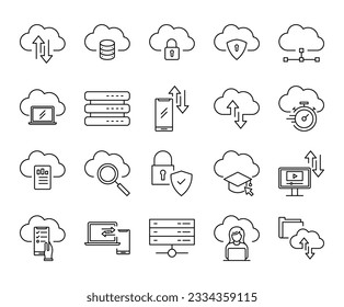 Set of cloud computing stroke line icons. data network digital technology vector illustrations