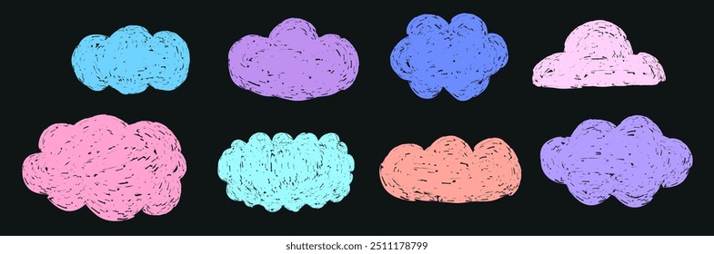 Set of cloud with crayon texture drawing on chalkboard
