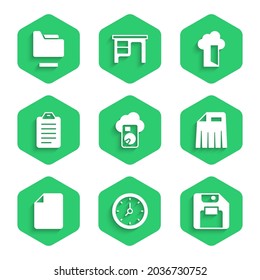 Set Cloud database, Clock, Floppy disk, Paper shredder, File document, To list or planning,  and Document folder icon. Vector