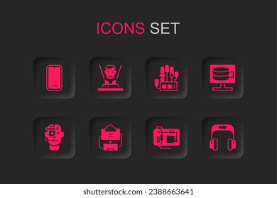 Set Cloud database, Hologram, Mobile phone, Motherboard, Headphones, Mechanical robot hand and Smart glasses spectacles icon. Vector