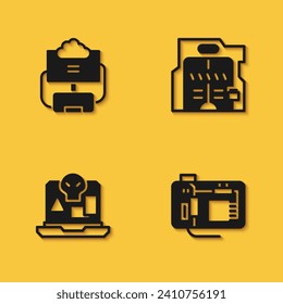 Set Cloud database, Motherboard, Internet piracy and Futuristic sliding doors icon with long shadow. Vector