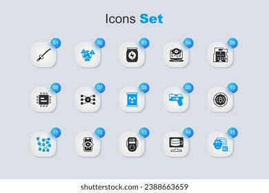 Set Cloud database, Neural network, Earth with exclamation mark, Humanoid robot, Cryptocurrency coin Bitcoin, Katana and Radioactive waste barrel icon. Vector