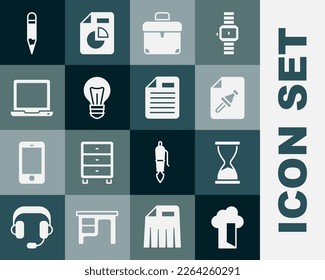 Set Cloud database, Old hourglass, Note paper with push button, Briefcase, Light bulb, Laptop, Pencil and File document icon. Vector