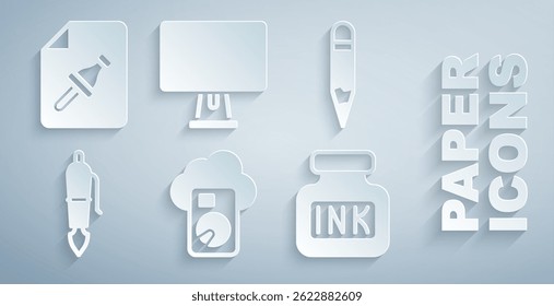 Set Cloud database, Pencil, Fountain pen nib, Inkwell, Computer monitor and Note paper with push button icon. Vector