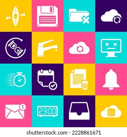 Set Cloud database, Ringing bell, Dead monitor, Delete folder, Water tap and Waiting icon. Vector