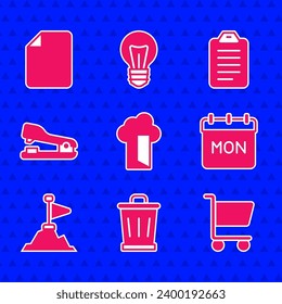 Set Cloud database, Trash can, Shopping cart, Calendar, Mountains with flag on top, Stapler, To do list or planning and File document icon. Vector