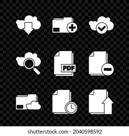 Set Cloud download, Add new folder, with check mark, storage text document, Document clock, Upload file, Search cloud computing and PDF icon. Vector