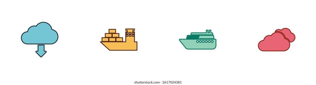 Set Cloud download, Cargo ship, Ship and  icon. Vector