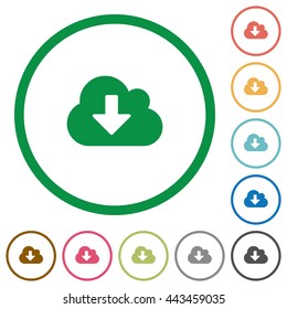 Set of cloud download color round outlined flat icons on white background