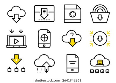 Set of cloud download icons illustrating various data transfer processes for digital communication and storage.