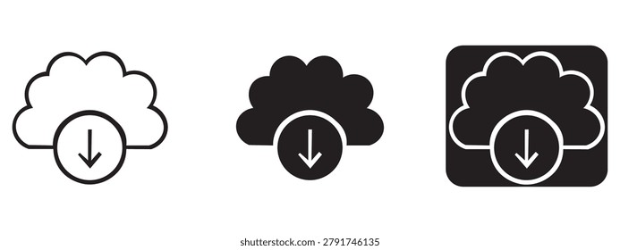 Set of cloud download icons in outline solid and inverted square styles