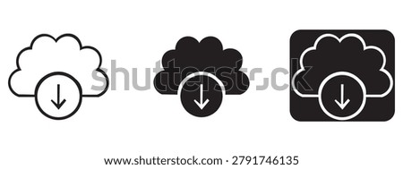 Set of cloud download icons in outline solid and inverted square styles