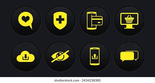 Set Cloud download, Monitor with shopping basket, Invisible hide, Smartphone upload, NFC Payment and Medical shield cross icon. Vector