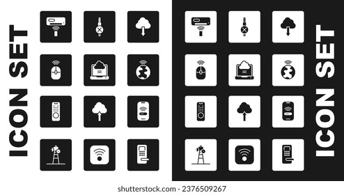 Set Cloud download, Network cloud connection, Wireless computer mouse, Air conditioner, Global technology, No audio jack, Mobile with wi-fi wireless and Remote control icon. Vector